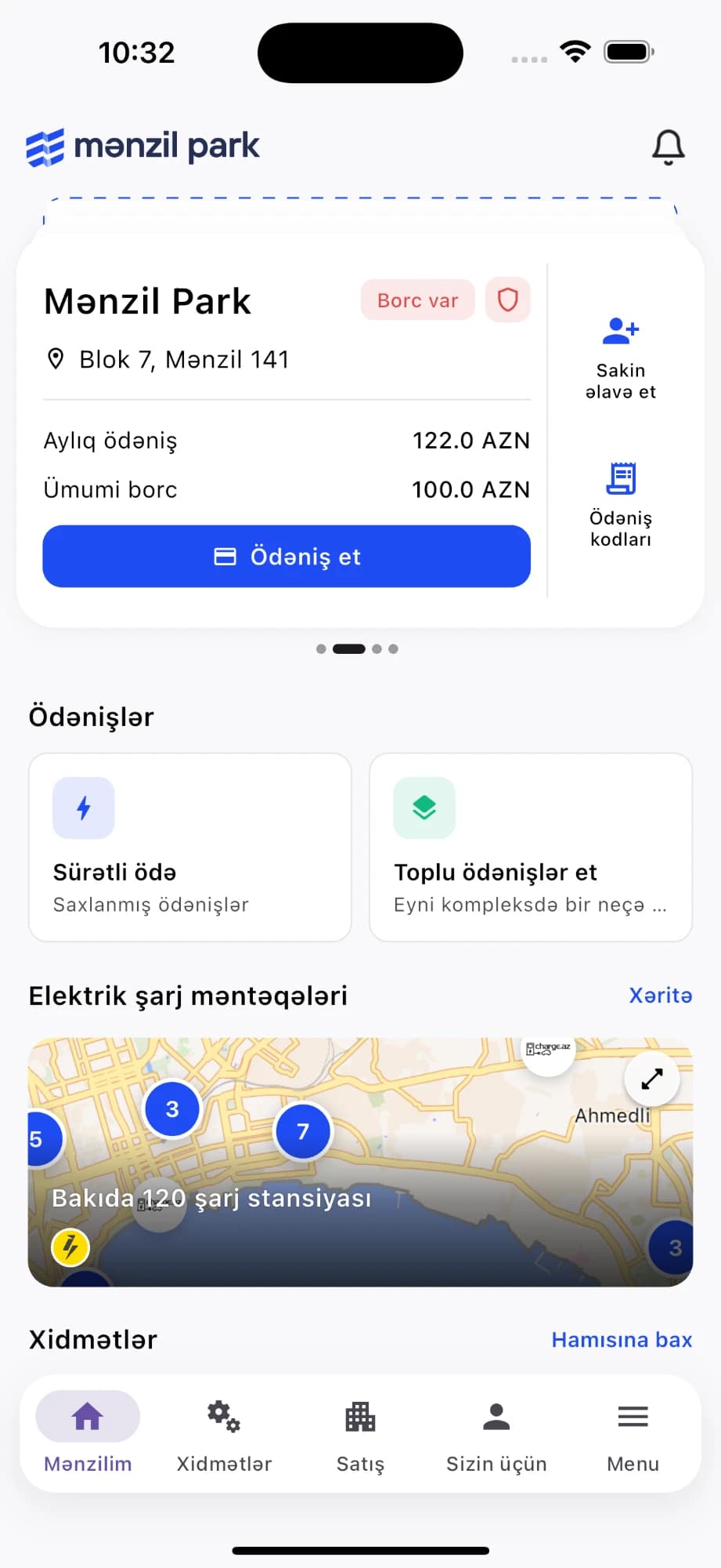 Mənzil Park tətbiqinin ana ekranı: mənzilin aylıq ödənişi, ümumi borc və Ödəniş et düyməsi