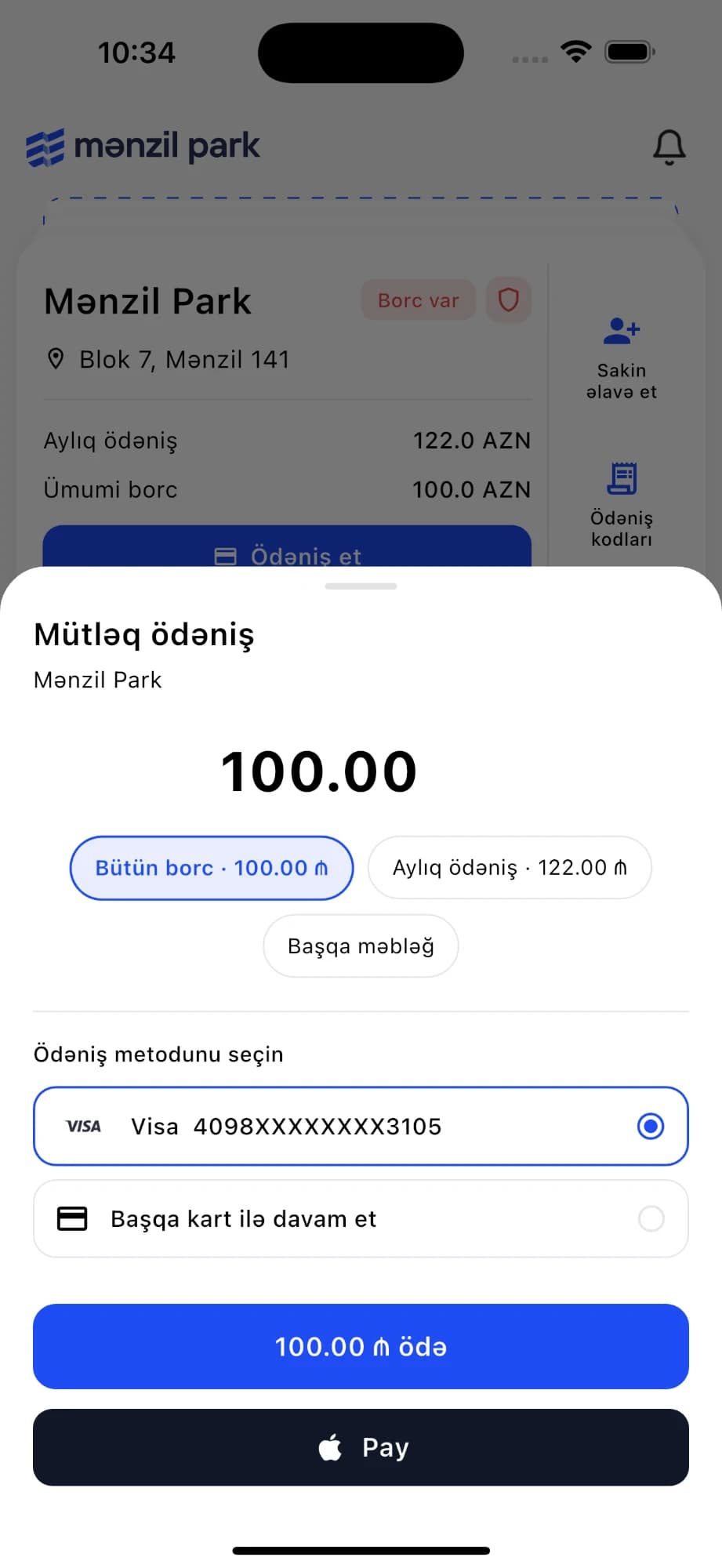 Mənzil Park tətbiqində kommunal borcun kartla və ya Apple Pay ilə onlayn ödənişi