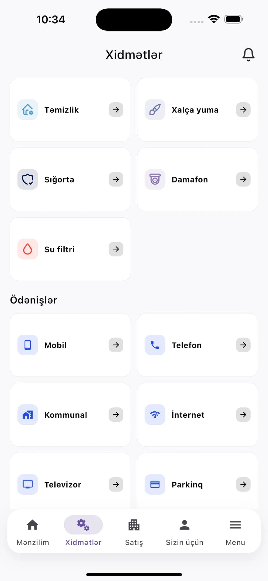 Mənzil Park tətbiqində ev xidmətləri və mobil, internet, kommunal, parkinq ödənişləri
